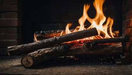 Massive fireplace with burning logs inside. Interior design concept. Cozy and warm idea. Copy space.の素材
