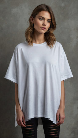 Beautiful model in oversized white t-shirt. Fashion and lifestyle concept. Urban style idea. Copy space.の素材