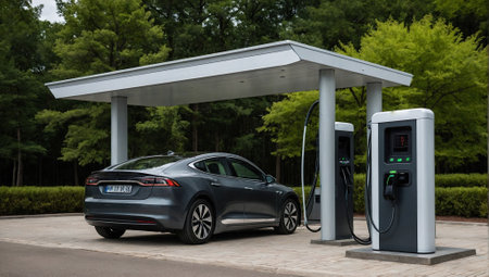 Electric car plug in charging station. Environmental and eco friendly concept. New technologies idea. Copy space.の素材