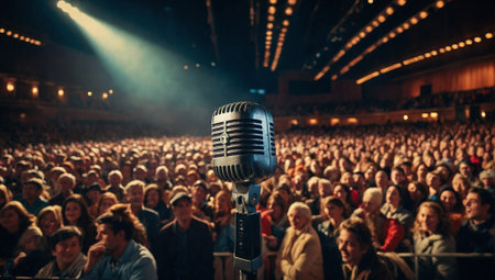 Retro microphone in front of an audience. Musical performance concept. Festival and party idea. Copy space.の素材