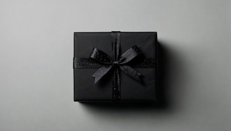 Black present boxes with golden ribbons. Minimal abstract Christmas, New Year or birthday celebration concept. Gift idea. Copy space.の素材