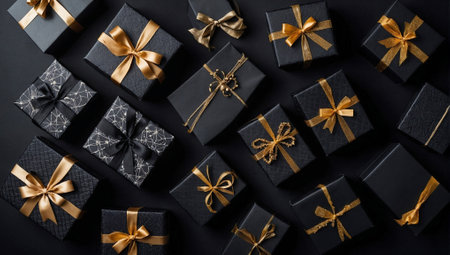 Black present boxes with golden ribbons. Minimal abstract Christmas, New Year or birthday celebration concept. Gift idea. Copy space.の素材