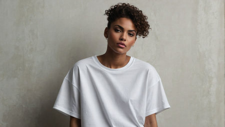 Beautiful model in oversized white t-shirt. Fashion and lifestyle concept. Urban style idea. Copy space.の素材