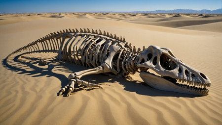 Dinosaur skeleton emerging on empty beach. Abstract global warming and environmental protection concept. Danger weather changes idea. Copy space.の素材