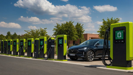 Electric car plug in charging station. Environmental and eco friendly concept. New technologies idea. Copy space.の素材