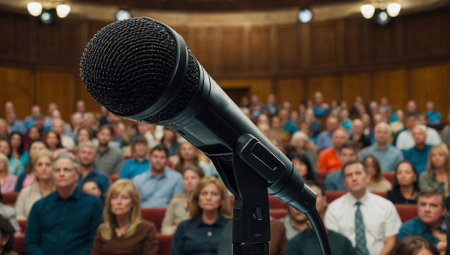 Microphones in front of an audience. Political rally concept. Social issues and freedom of speech idea. Copy space.の素材