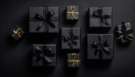 Black present boxes with golden ribbons. Minimal abstract Christmas, New Year or birthday celebration concept. Gift idea. Copy space.の素材