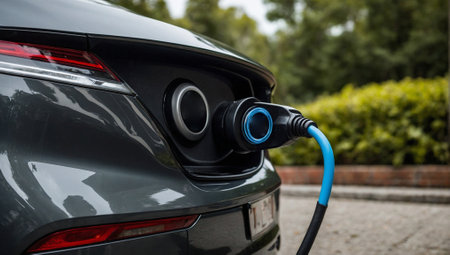 Electric car plug in charging station. Environmental and eco friendly concept. New technologies idea. Copy space.の素材