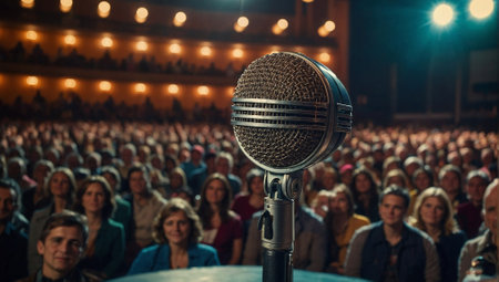 Retro microphone in front of an audience. Musical performance concept. Festival and party idea. Copy space.の素材