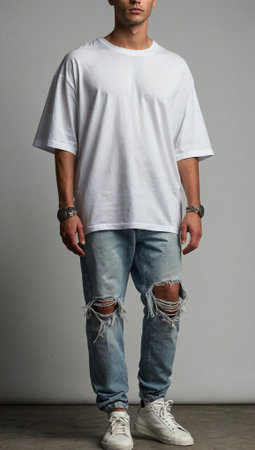 Beautiful model in oversized white t-shirt. Fashion and lifestyle concept. Urban style idea. Copy space.の素材