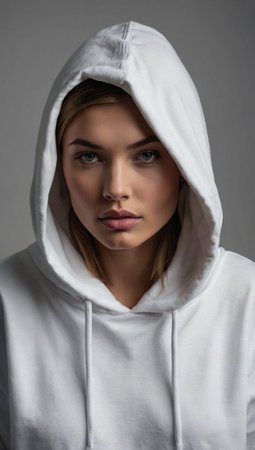 Beautiful model in oversized white hoodie. Fashion and lifestyle concept. Urban style idea. Copy space.の素材