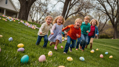 Kids playing with Easter eggs background. Minimal abstract holidays concept. Happy family idea. With copy space.の素材