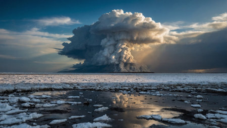 Polluted smoke rising over melted ice. Abstract global warming and environmental protection concept. Danger weather changes idea. Copy space.の素材