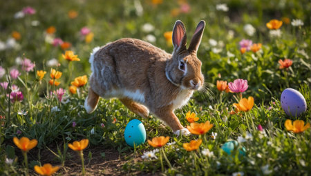 Beautiful Easter bunnies running among Easter eggs . Minimal abstract holidays concept. With copy space.の素材