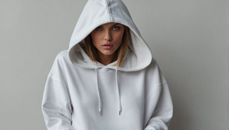 Beautiful model in oversized white hoodie. Fashion and lifestyle concept. Urban style idea. Copy space.の素材