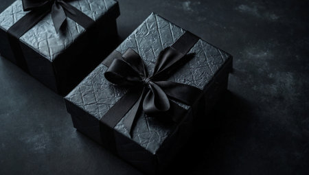 Black present boxes with golden ribbons. Minimal abstract Christmas, New Year or birthday celebration concept. Gift idea. Copy space.の素材