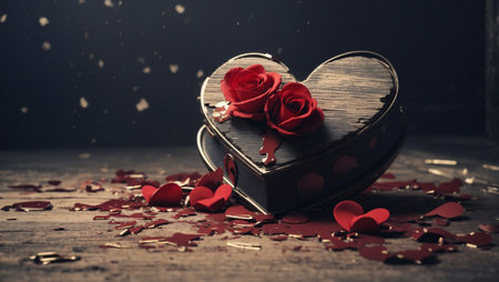 Roses and hearts on dark retro broken wooden box. Minimal abstract lost love and breakup concept. Loved ones we lost idea and strong emotions idea. Copy space.の素材