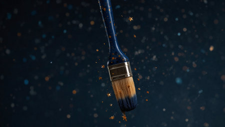 Paintbrush floating in the air, dripping paint and tiny twinkling stars, on blue background. Art and talent concept. Creativity idea. Copy space.の素材