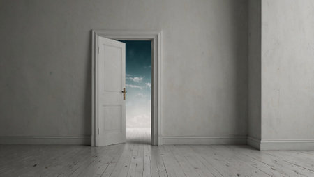 Open door in the middle of empty, white room, revealing nothing but void. Minimal abstract surreal concept. Path into unknown idea. Copy space.の素材