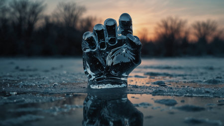 Silent protest: A single raised fist sculpted from ice, slowly melting on a reflective surfaceârepresenting fleeting activism or ignored resistance.の素材