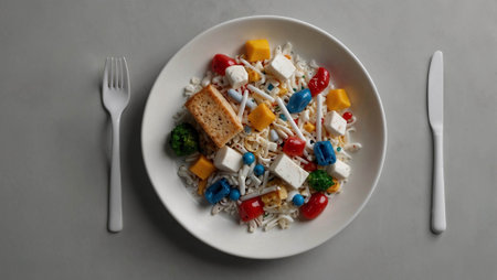 Minimalist image of a dinner plate filled with microplastics, wrappers, and strawsâhighlighting plastic in our food chain. Minimal pollution and environmental protection concept. Cの素材