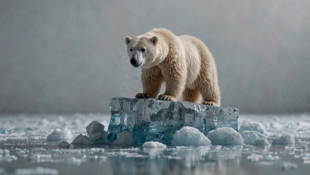 Polar bear figurine standing on a melting cube of ice on white background. Simple yet emotional imagery representing habitat loss. Copy space.の素材