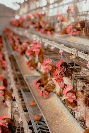 Chicken farm, chicken eggs in the henhouse. Selective focus.の写真素材