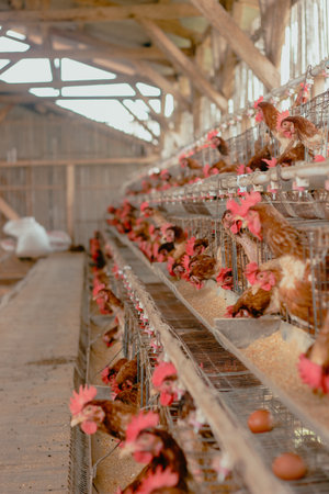 Chicken farm, chicken eggs in the henhouse.