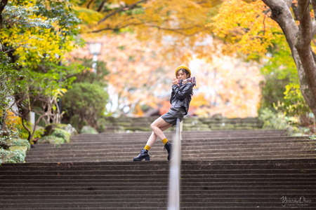 Beautiful autumn leaves and beautiful Japanese women in Japan