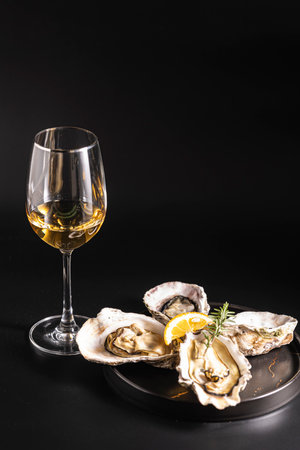 fresh oysters with lemon and white wine on black background, copy spaceの写真素材