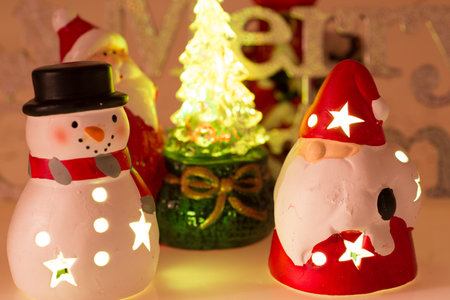 Christmas and New Year decoration. Christmas tree, snowman, Santa Claus