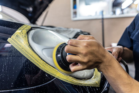 A mechanic polishes the headlights of a car.の写真素材
