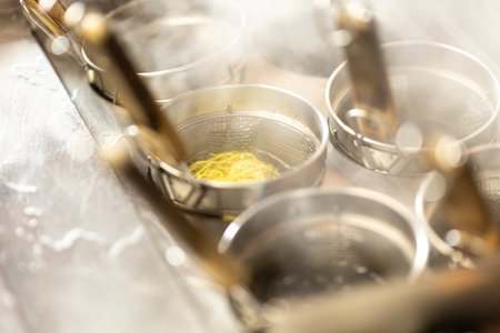 The process of making noodles in a restaurant kitchen. Selective focus.
