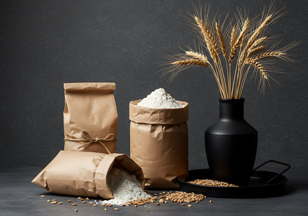 Wheat flour in paper bags and wheat spikelets on black backgroundの素材