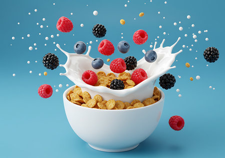 Healthy breakfast with cornflakes, milk and berries on blue backgroundの素材