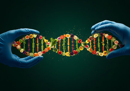 Close up of human hands in blue gloves holding DNA molecule with vegetablesの素材