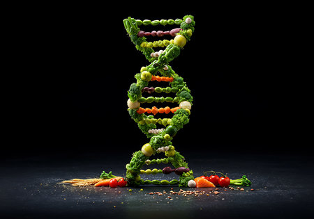 Science concept with DNA molecule and vegetables on black background. 3d renderingの素材