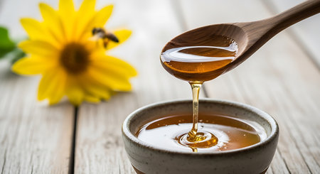 Honey dripping from a wooden honey dipper into a bowl with sunflowerの素材