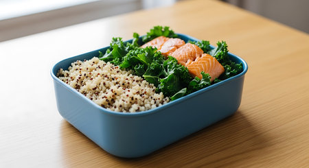 a blue bento box with salmon, quinoa and kaleの素材