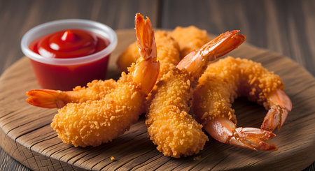 Fried Shrimps on a wooden board with ketchup.の素材