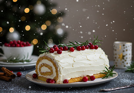 Christmas cake with cream cheese and cranberries on a dark background.の素材