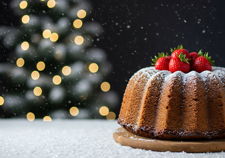 Chocolate bundt cake with fresh strawberries on wooden board with Christmas tree and bokeh backgroundの素材