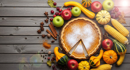 Autumn still life with pumpkin pie, apples and pumpkins on wooden backgroundの素材