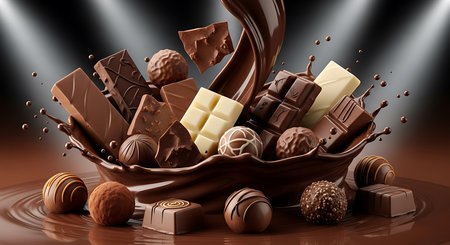 Chocolate splashing into a bowl with chocolate candies. 3d illustrationの素材