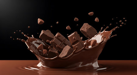 Chocolate splash close up isolated on black background. 3d renderingの素材