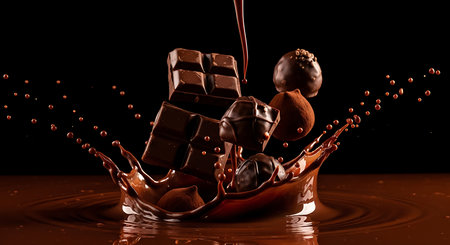 Chocolate splash close up isolated on black background. 3d renderingの素材