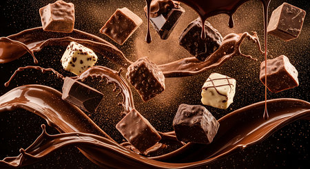 Chocolate splash with pieces of chocolate on a black background. 3d renderingの素材
