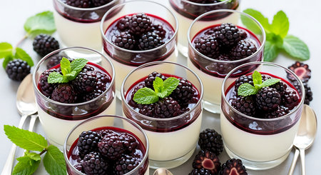 Blackberry Panna Cotta in Glasses with Fresh Berries, squareの素材