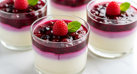 Panna cotta with fresh raspberries and blueberries in glassesの素材