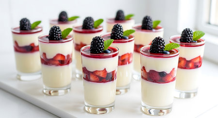 dessert with cream and berries in a glass on a white backgroundの素材